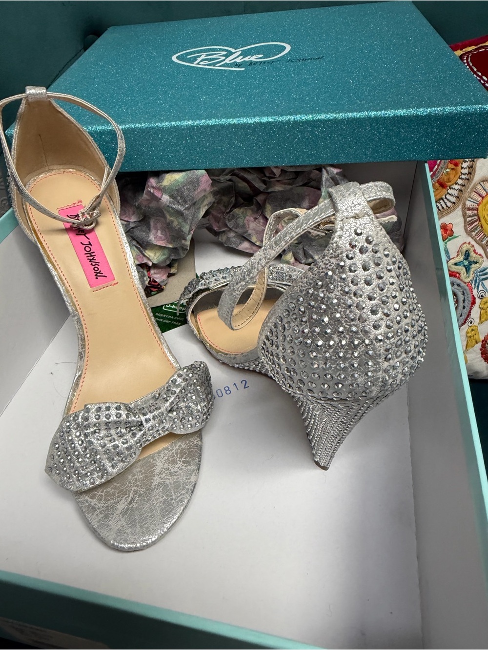 Betsey Johnson Silver Crystal Bow Ankle-Strap wedge Heels